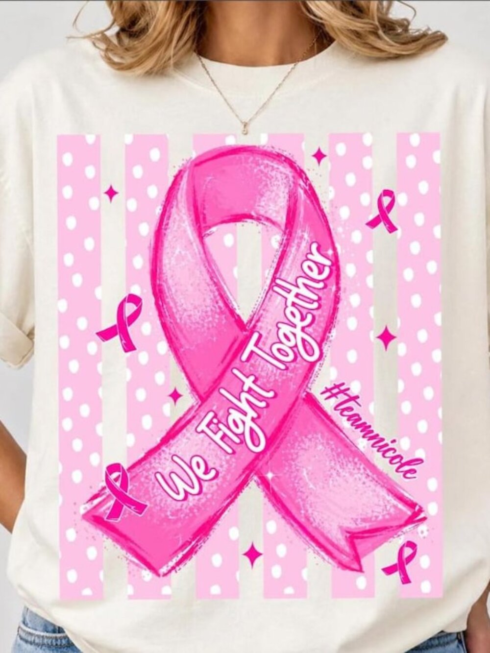Custom Together We Fight Coquette Breast Cancer Pink Ribbon Polka Tee
